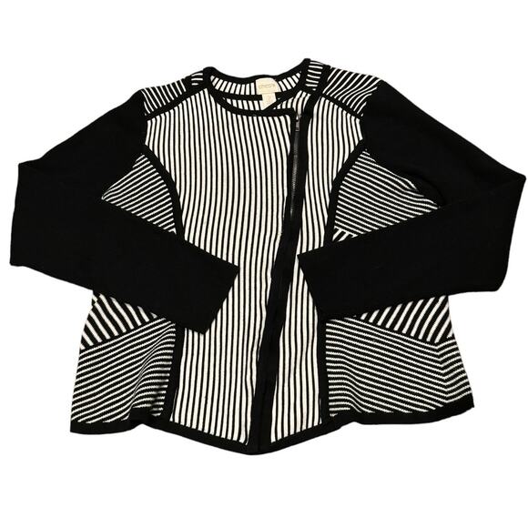 Chico's Natania Black/White Stripe asymmetrical Zip Up Cardigan Sweater size 12 - Picture 1 of 15